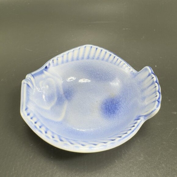 Blue Glazed Japanese Pottery Fish Dish Sushi Dip Plate Dish Bowl Small Stamped - Picture 12 of 13